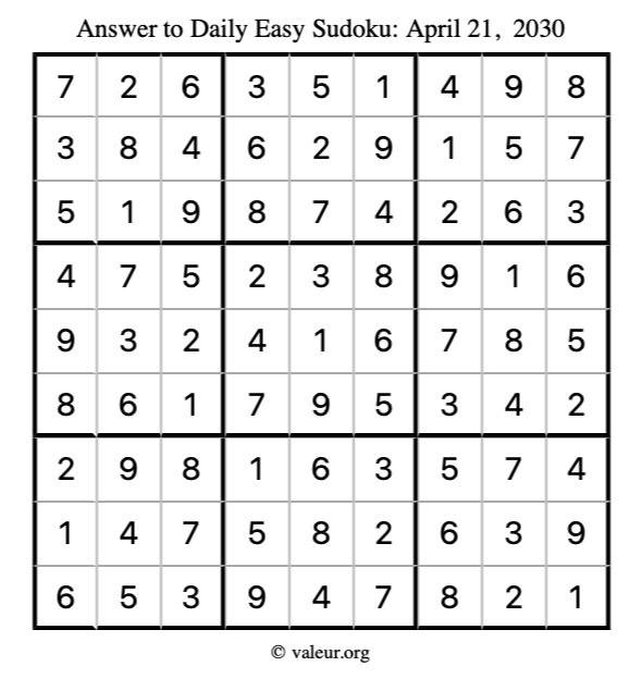 Answer to easy sudoku April 21, 2030