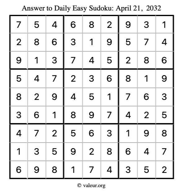 Answer to easy sudoku April 21, 2032