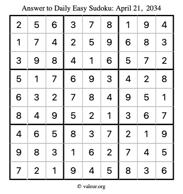 Answer to easy sudoku April 21, 2034