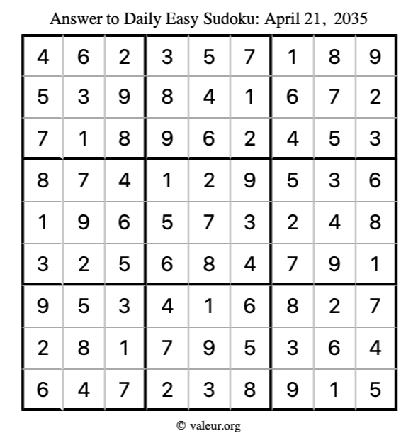 Answer to easy sudoku April 21, 2035