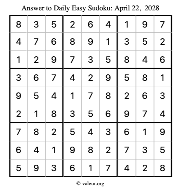 Answer to easy sudoku April 22, 2028