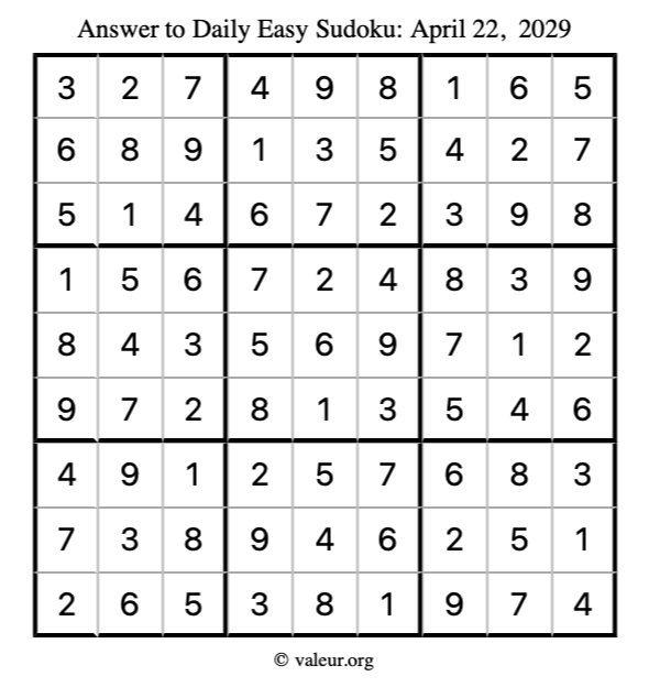 Answer to easy sudoku April 22, 2029