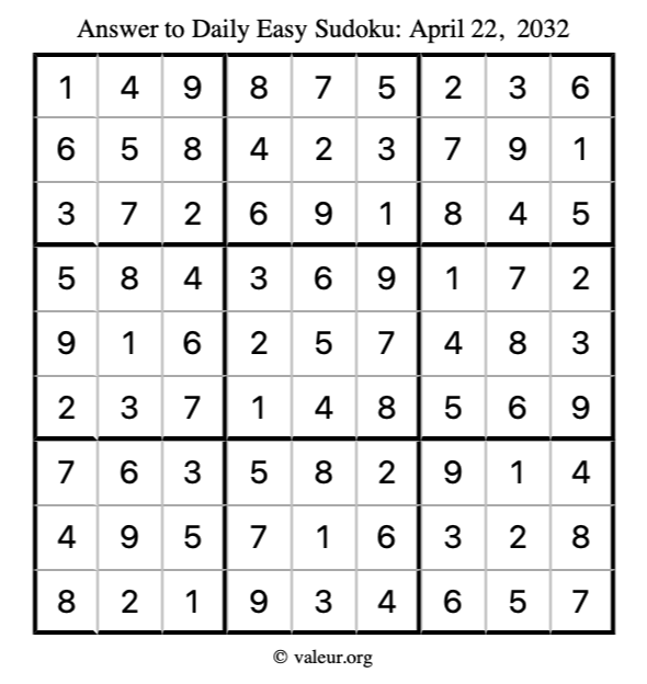 Answer to easy sudoku April 22, 2032
