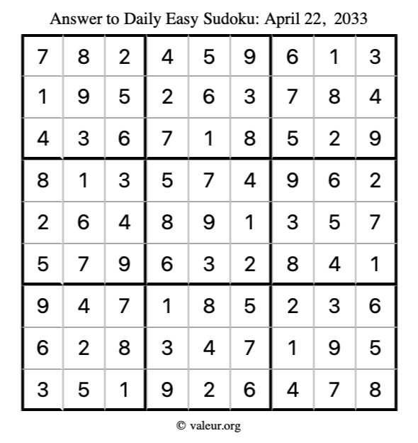 Answer to easy sudoku April 22, 2033