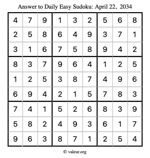 Answer to easy sudoku April 22, 2034