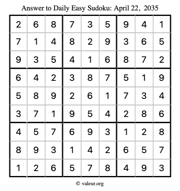 Answer to easy sudoku April 22, 2035