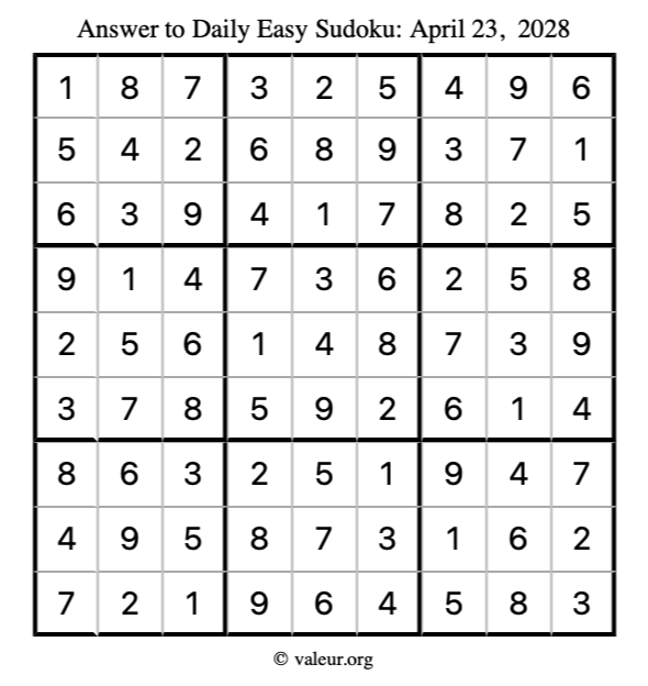 Answer to easy sudoku April 23, 2028