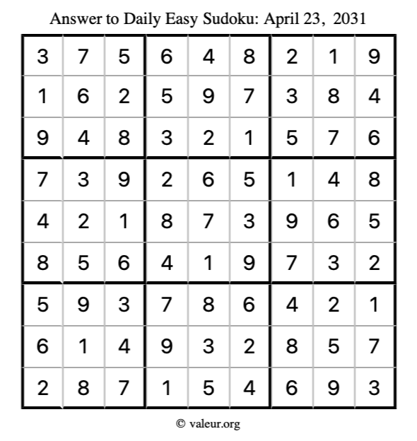 Answer to easy sudoku April 23, 2031