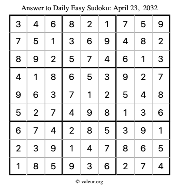 Answer to easy sudoku April 23, 2032