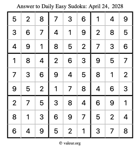 Answer to easy sudoku April 24, 2028