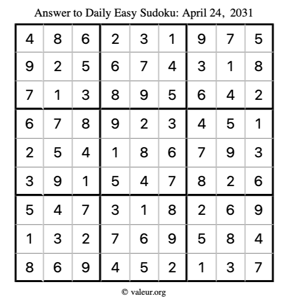 Answer to easy sudoku April 24, 2031