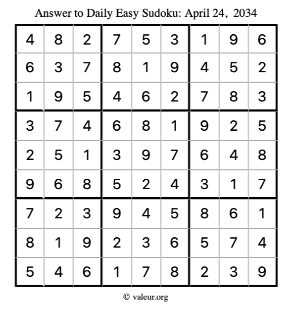 Answer to easy sudoku April 24, 2034