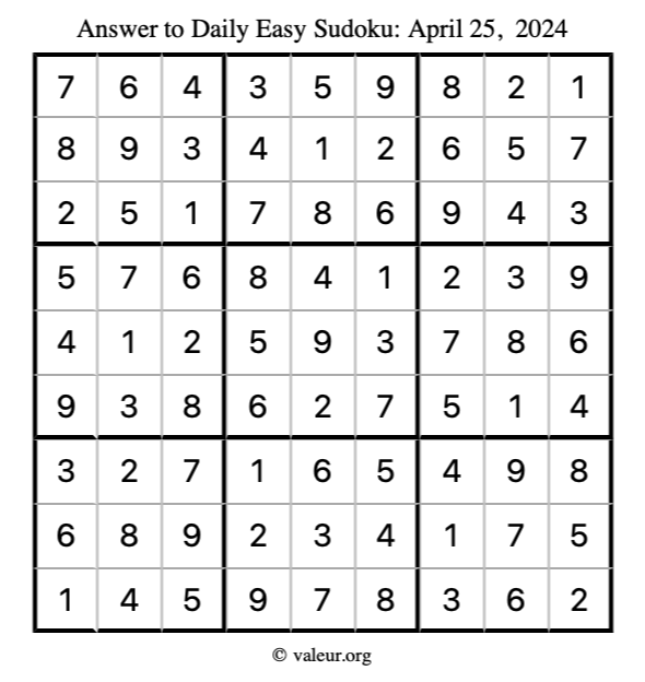 Answer to easy sudoku April 25, 2024