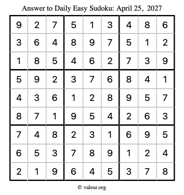 Answer to easy sudoku April 25, 2027