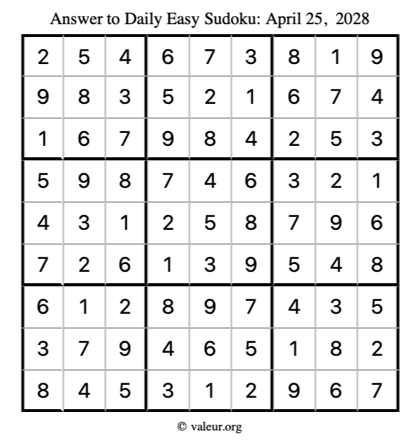 Answer to easy sudoku April 25, 2028