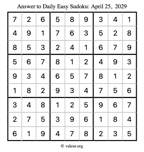 Answer to easy sudoku April 25, 2029