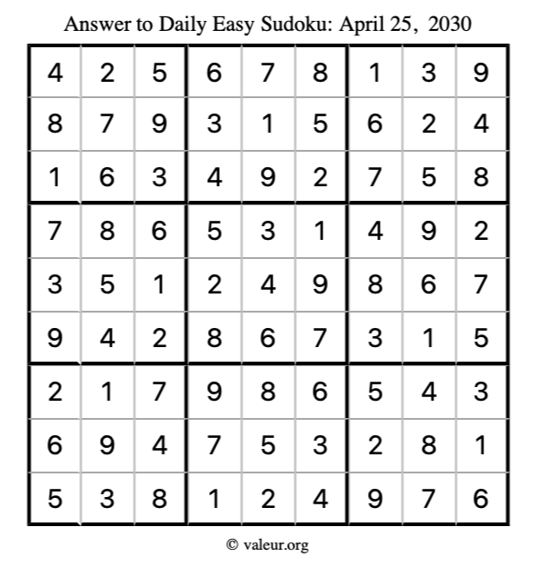 Answer to easy sudoku April 25, 2030