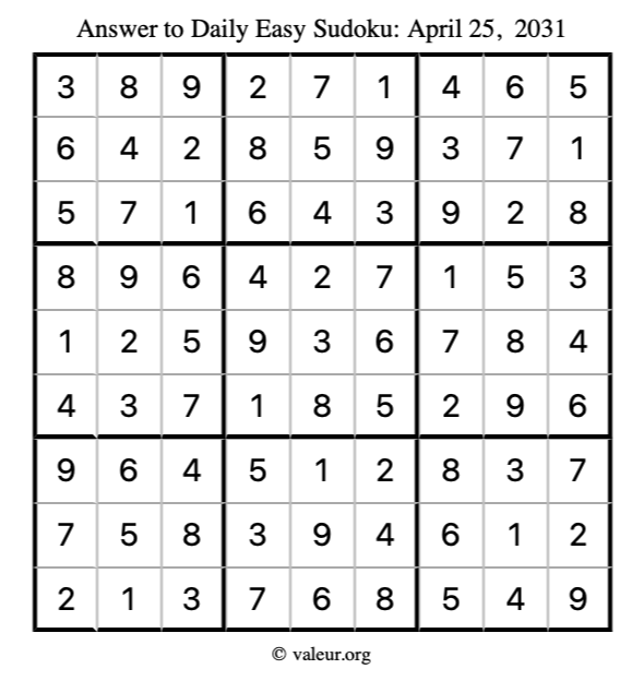 Answer to easy sudoku April 25, 2031