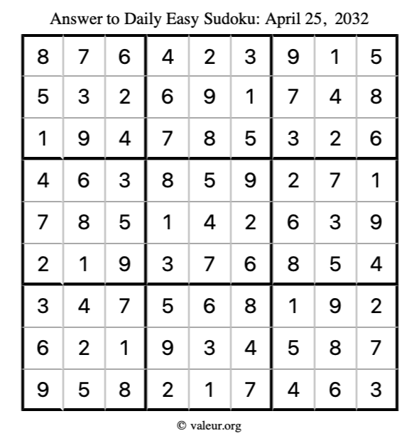 Answer to easy sudoku April 25, 2032