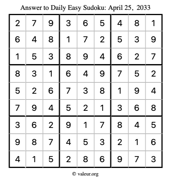 Answer to easy sudoku April 25, 2033
