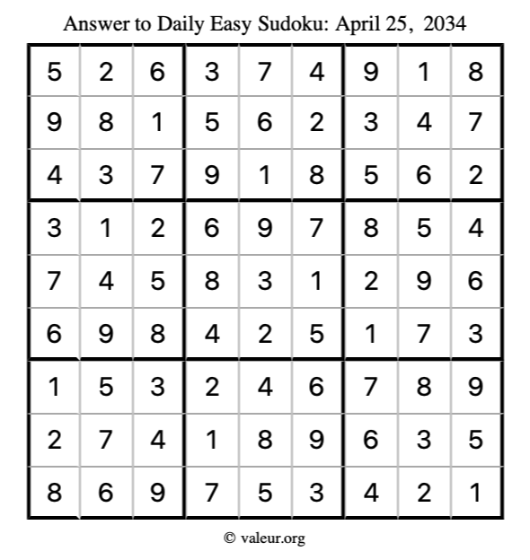 Answer to easy sudoku April 25, 2034