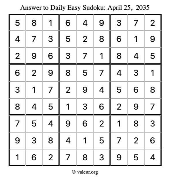 Answer to easy sudoku April 25, 2035