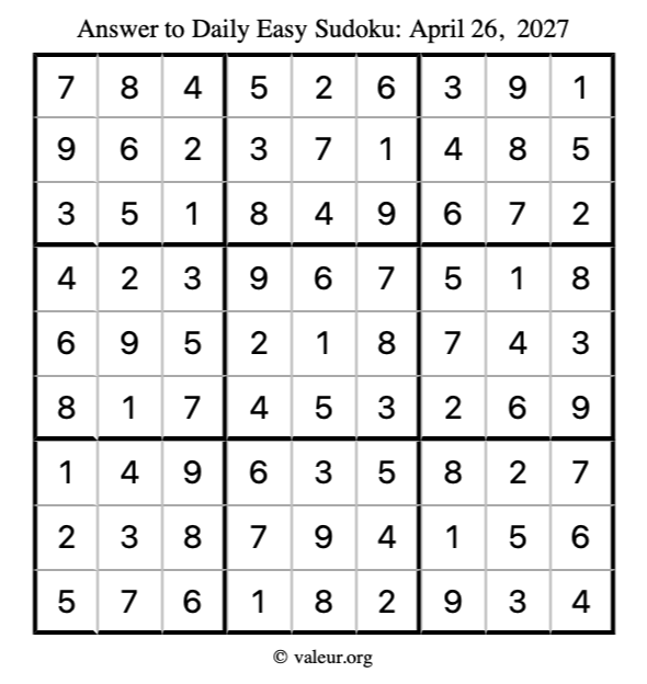 Answer to easy sudoku April 26, 2027