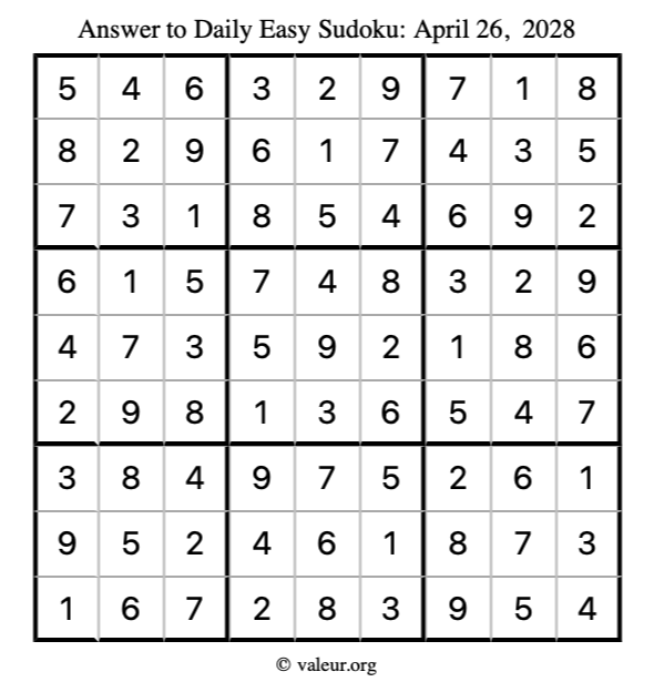 Answer to easy sudoku April 26, 2028