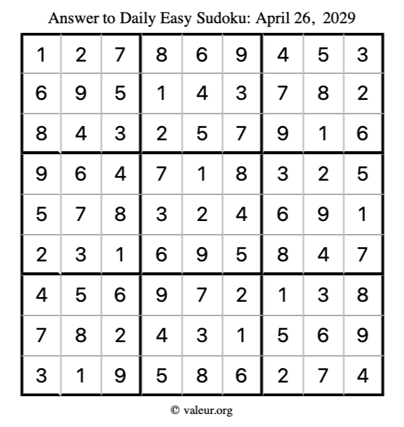 Answer to easy sudoku April 26, 2029
