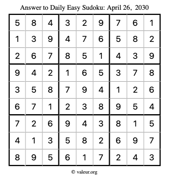Answer to easy sudoku April 26, 2030
