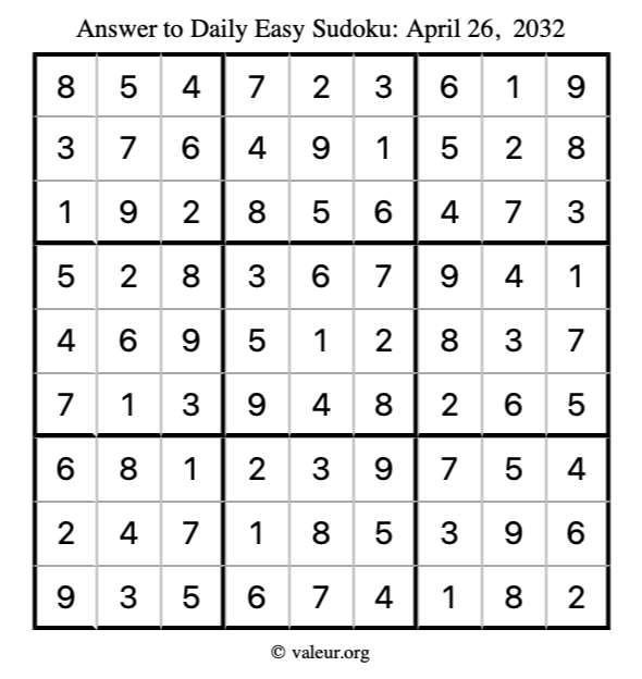 Answer to easy sudoku April 26, 2032