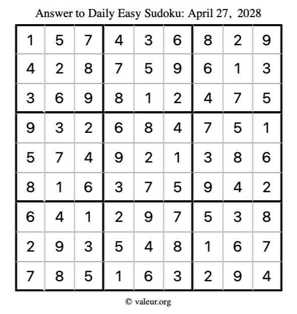 Answer to easy sudoku April 27, 2028