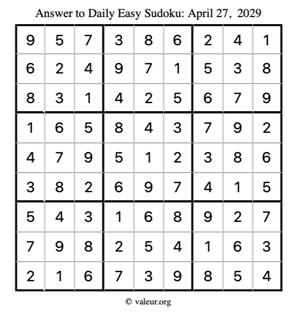 Answer to easy sudoku April 27, 2029