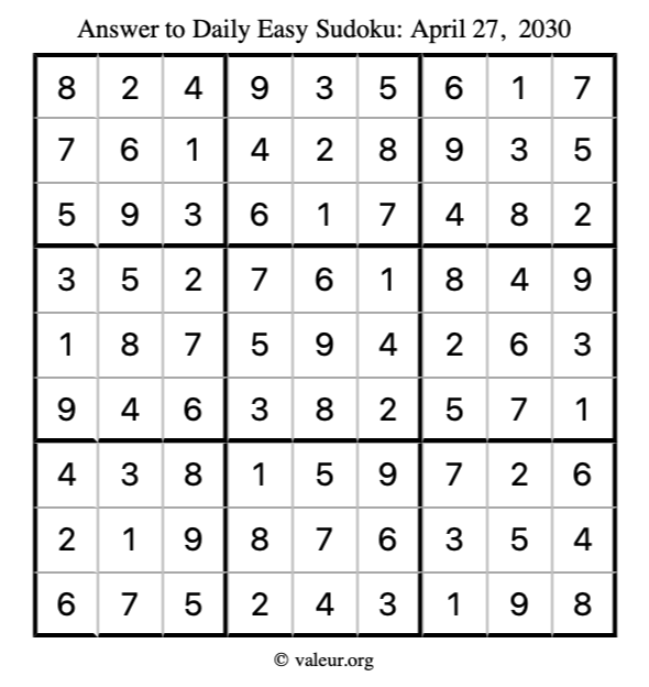 Answer to easy sudoku April 27, 2030