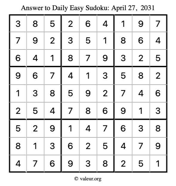 Answer to easy sudoku April 27, 2031