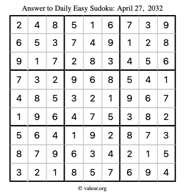 Answer to easy sudoku April 27, 2032
