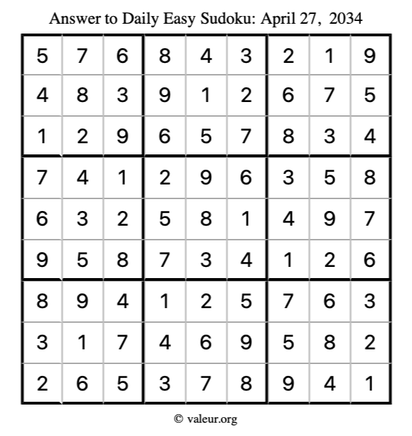Answer to easy sudoku April 27, 2034