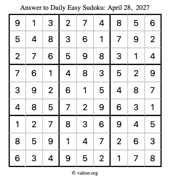 Answer to easy sudoku April 28, 2027