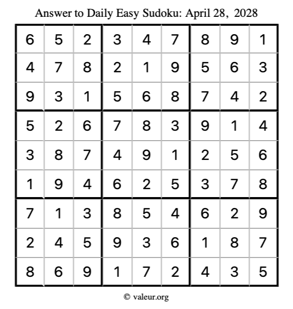 Answer to easy sudoku April 28, 2028