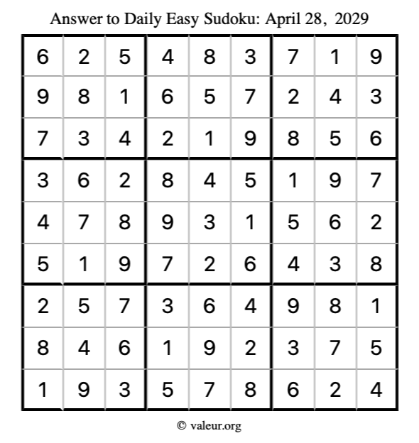 Answer to easy sudoku April 28, 2029