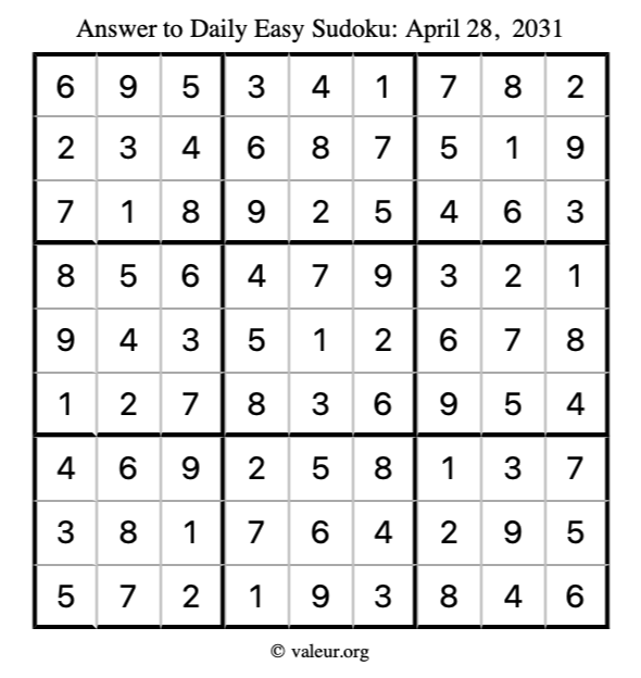 Answer to easy sudoku April 28, 2031