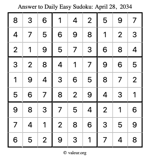 Answer to easy sudoku April 28, 2034