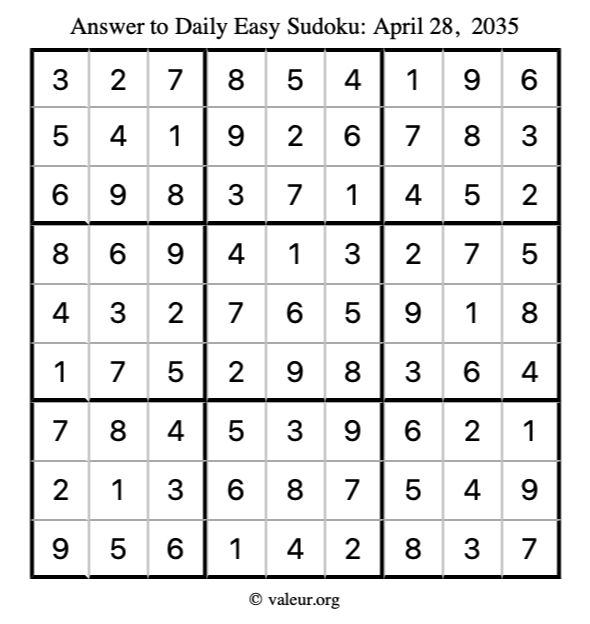 Answer to easy sudoku April 28, 2035