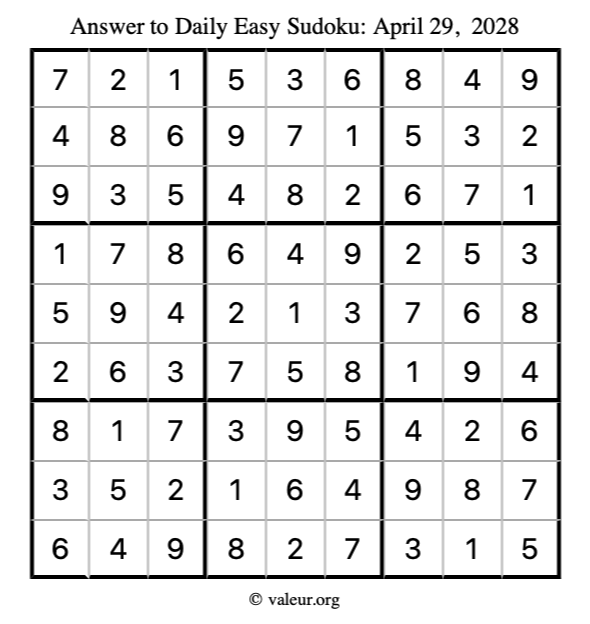 Answer to easy sudoku April 29, 2028