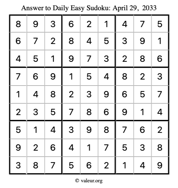 Answer to easy sudoku April 29, 2033