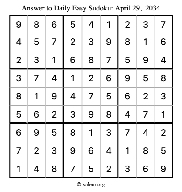Answer to easy sudoku April 29, 2034