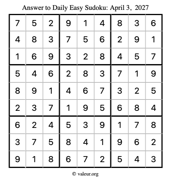 Answer to easy sudoku April 3, 2027