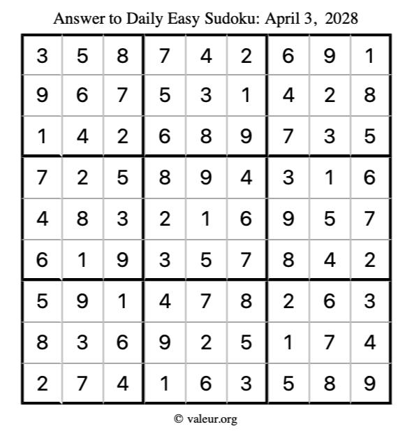 Answer to easy sudoku April 3, 2028