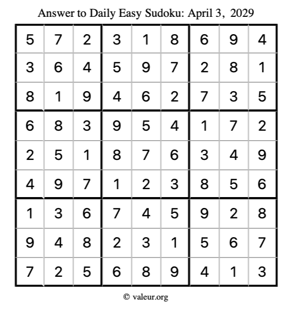 Answer to easy sudoku April 3, 2029