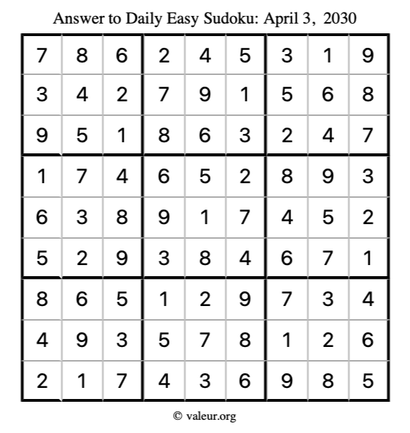 Answer to easy sudoku April 3, 2030
